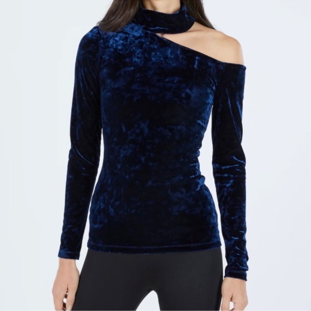 BCBGMaxAzria Deep Cobalt Cruahed Velvet Cold Shoulder Top